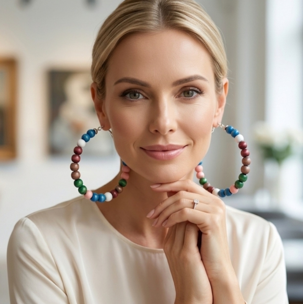 Extra-large earrings with wooden beads, super lightweight and easy to wear. 8 cm - Picture 2 of 12